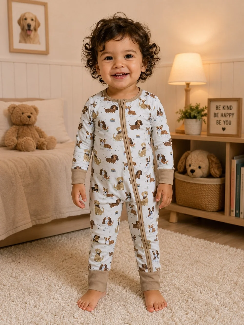 Bamboo Baby One-Piece Footie Pajamas in Cream with Brown Dog Print